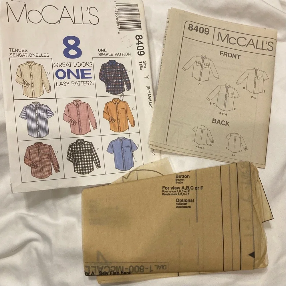McCall's 8409 Men's Shirt Sewing Pattern Size S-M-L Button Down Band Collar 1996